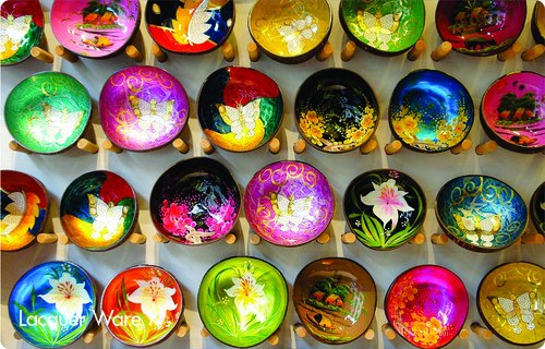 Colourful lacquer plates with floral and butterfly designs