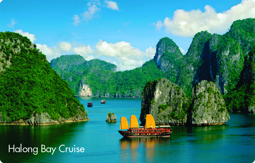 Traditional junk boat sailing in Halong Bay