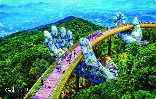 Golden Bridge held by giant stone hands
