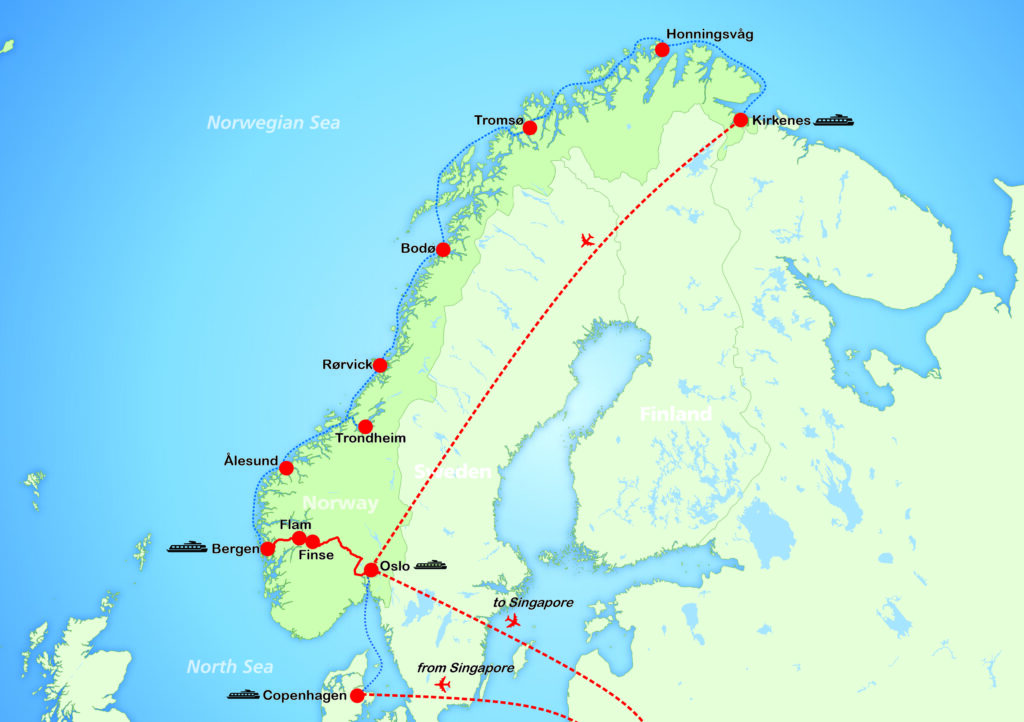 Map of Norway travel route with cities