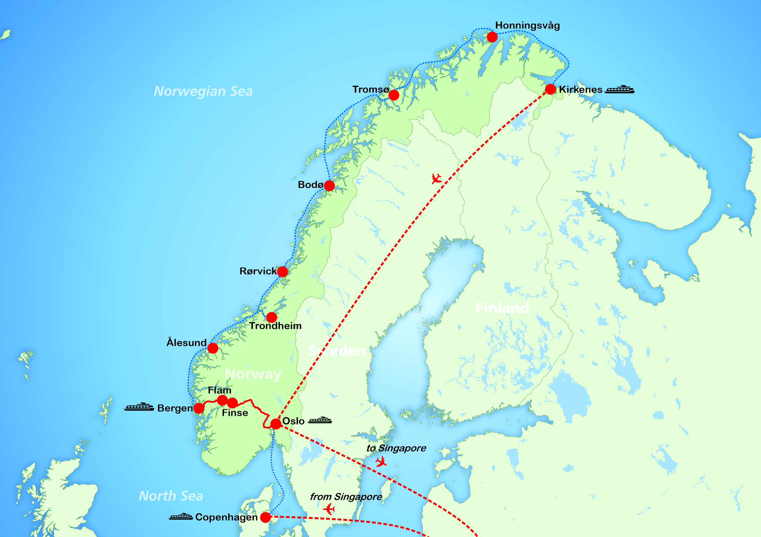Map of Norway travel route with cities