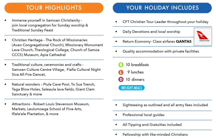 Samoan Christian tour highlights and holiday inclusions list
