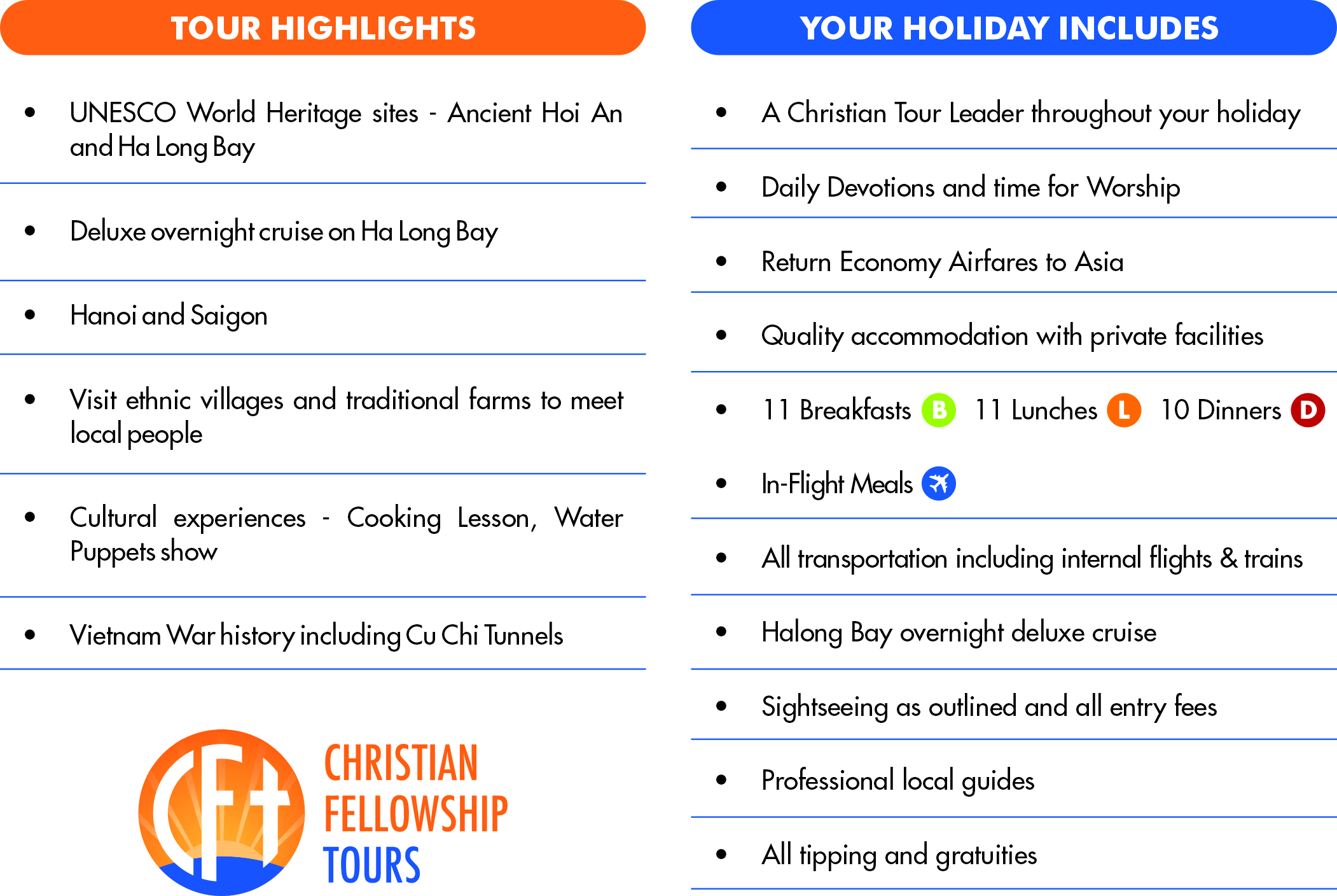 Vietnam tour highlights and holiday inclusions list