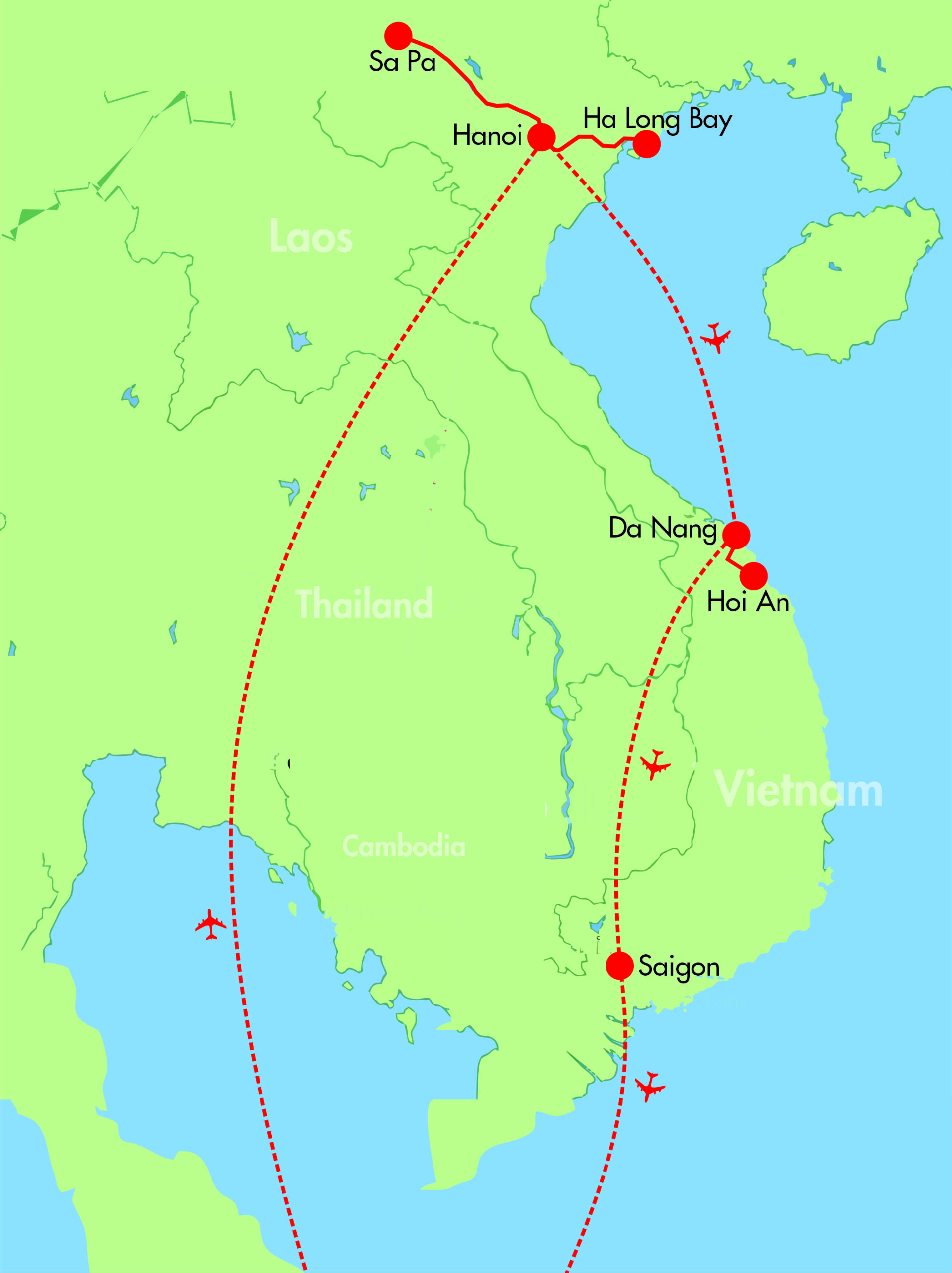 Vietnam travel route map with major cities