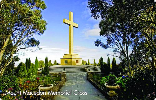 Mount Macedon Memorial Cross surrounded by gardens
