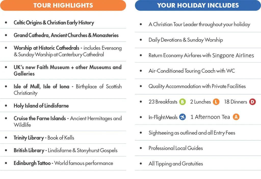 UK Christian heritage tour highlights and inclusions list