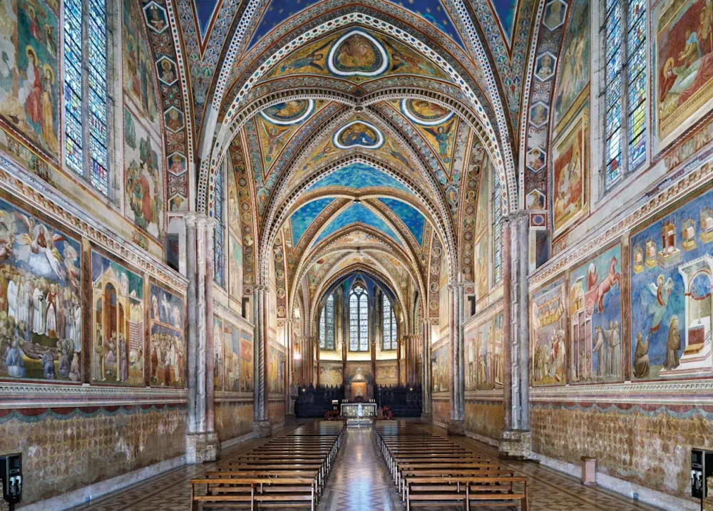 Ornate frescoed church interior with vaulted ceiling