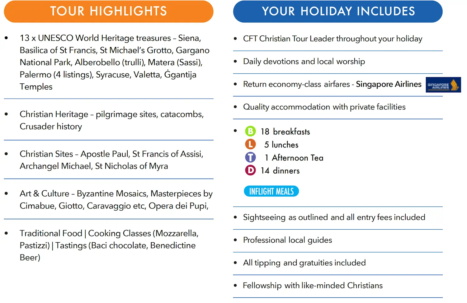 Christian heritage tour highlights and inclusions list
