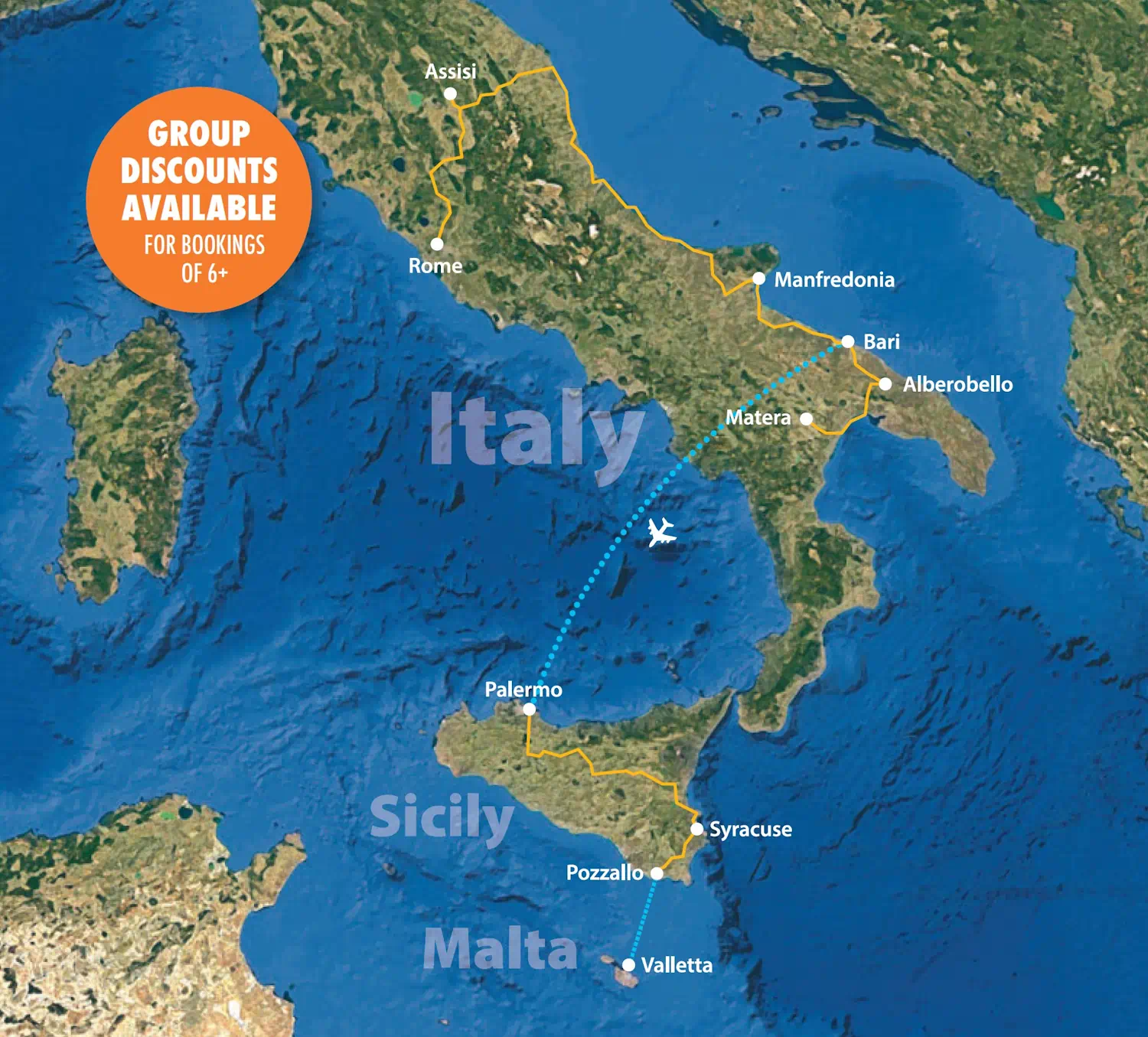 Italy Sicily Malta travel route map