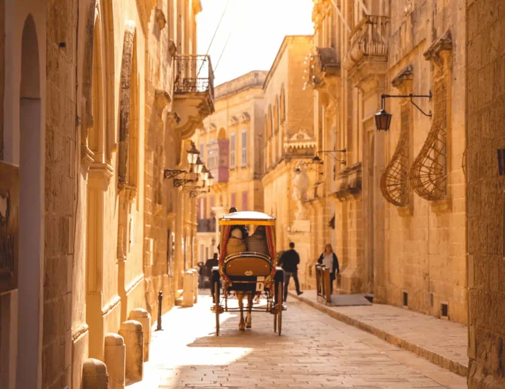 Horse-drawn carriage in sunlit historic stone street