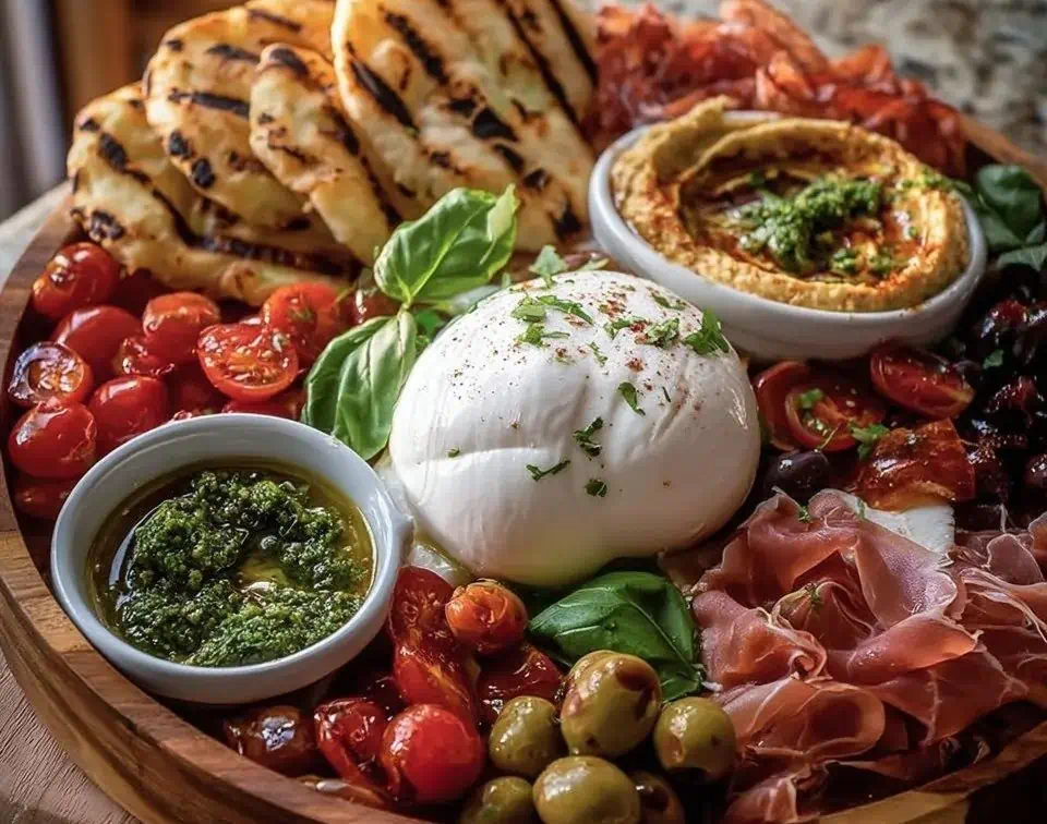 Antipasto platter with burrata, prosciutto and grilled bread