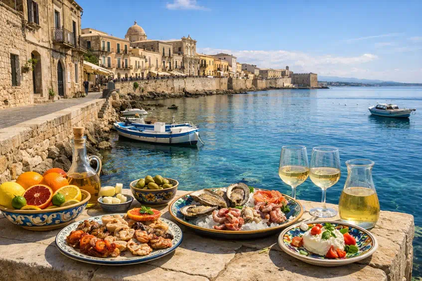 Seaside seafood feast overlooking historic coastal town