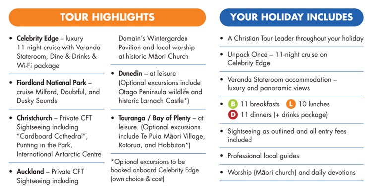 New Zealand cruise tour highlights and inclusions list