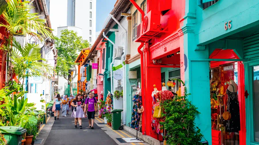 Colourful shophouses along lively pedestrian street