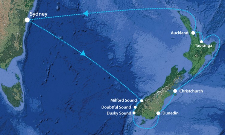 Map showing cruise route from Sydney to New Zealand