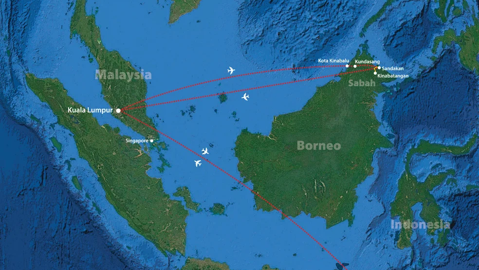 Flight routes from Kuala Lumpur to Sabah, Borneo
