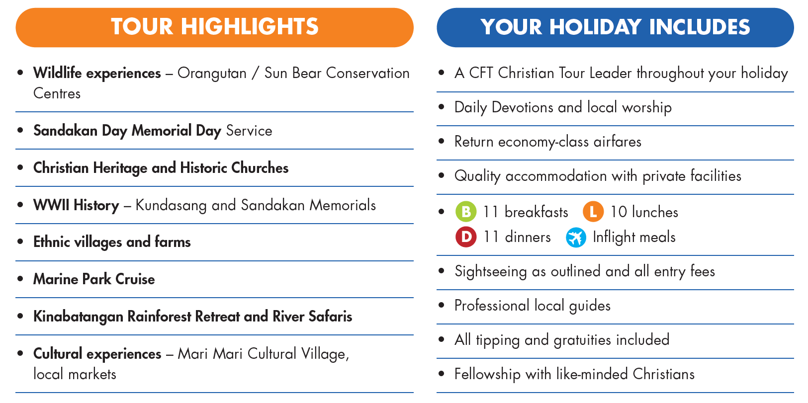 Tour highlights and holiday inclusions list graphic