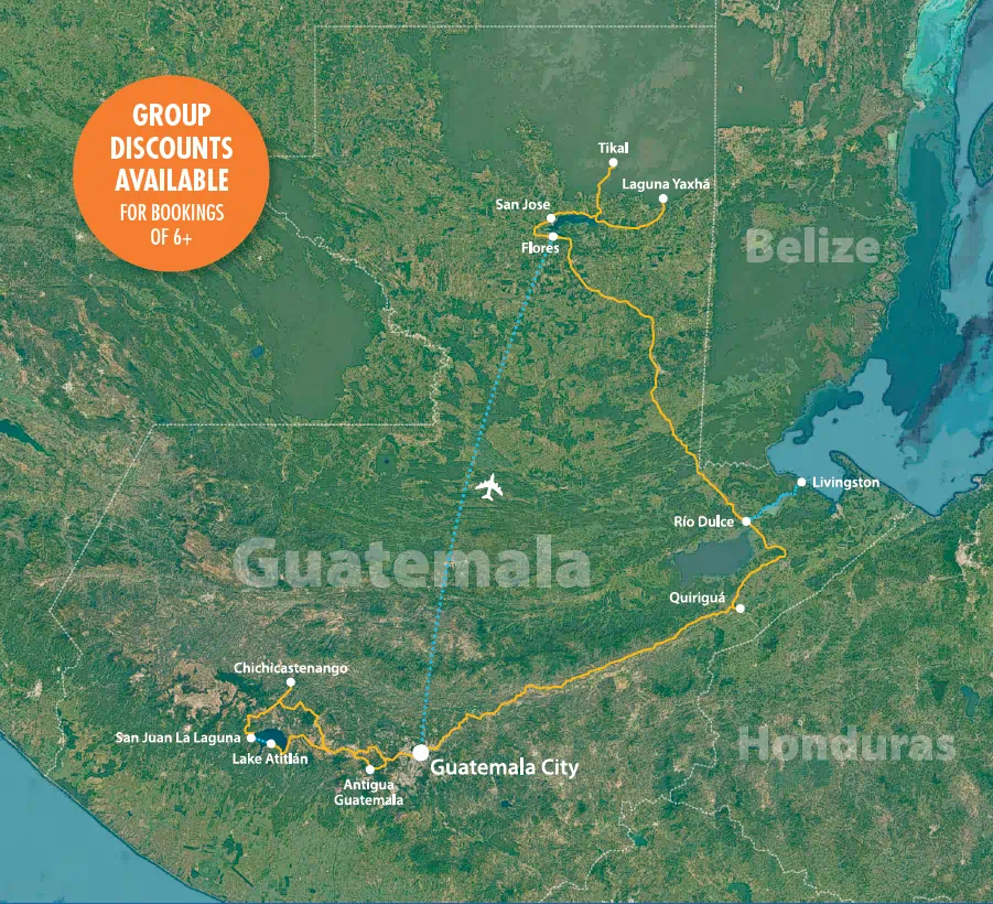 Guatemala travel route map with highlighted destinations