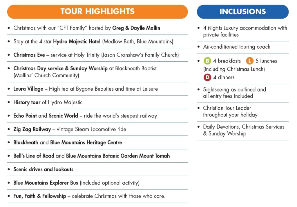 Blue Mountains Christmas tour highlights and inclusions list
