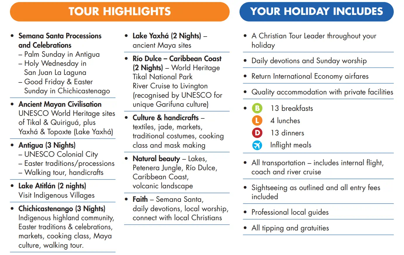 Guatemala tour highlights and holiday inclusions infographic