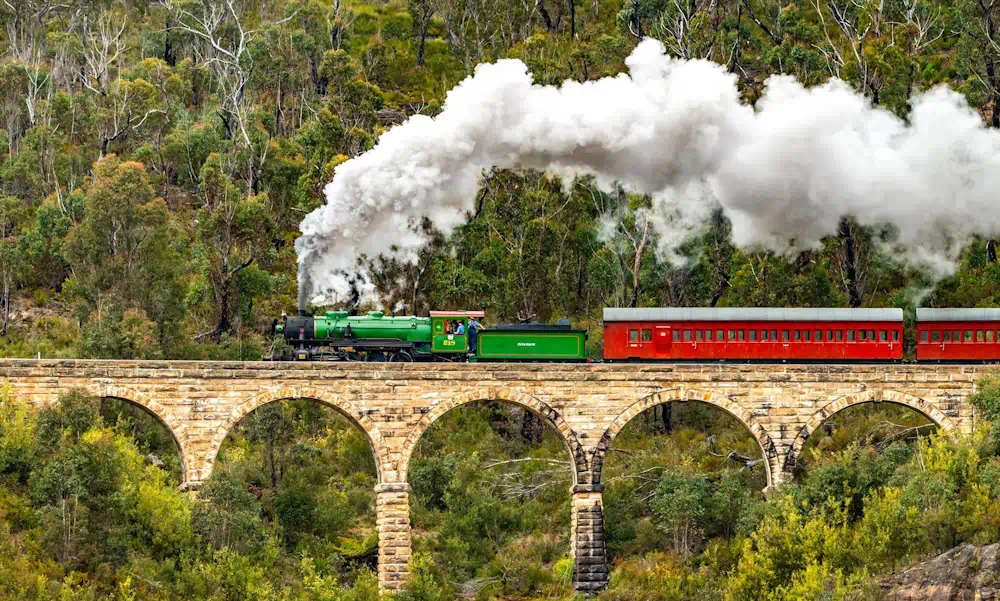 Steam train crossing stone bridge in bushland