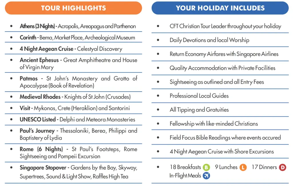 Tour highlights and inclusions for Greece and Rome trip