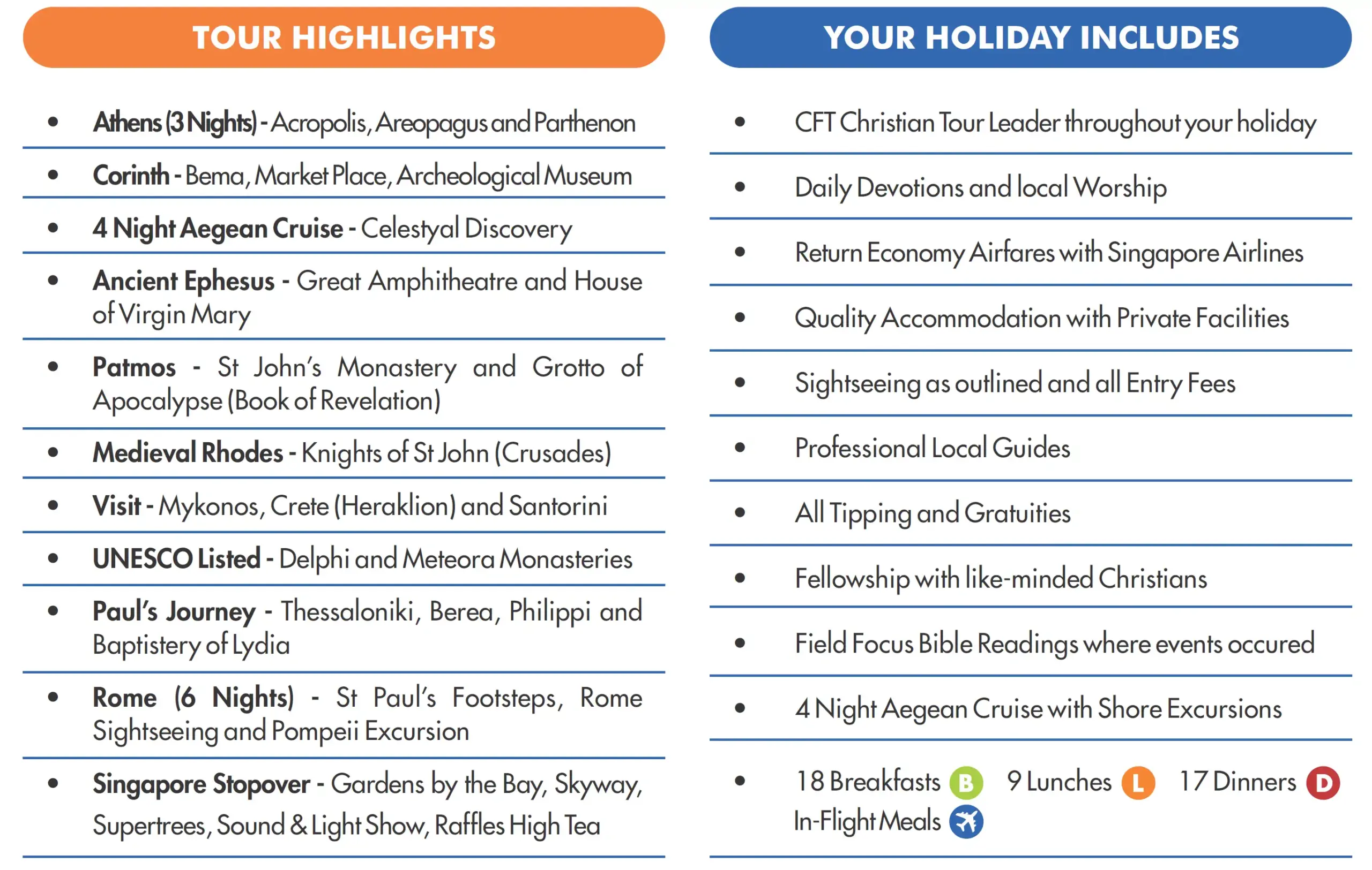 Tour highlights and inclusions for Greece and Rome trip
