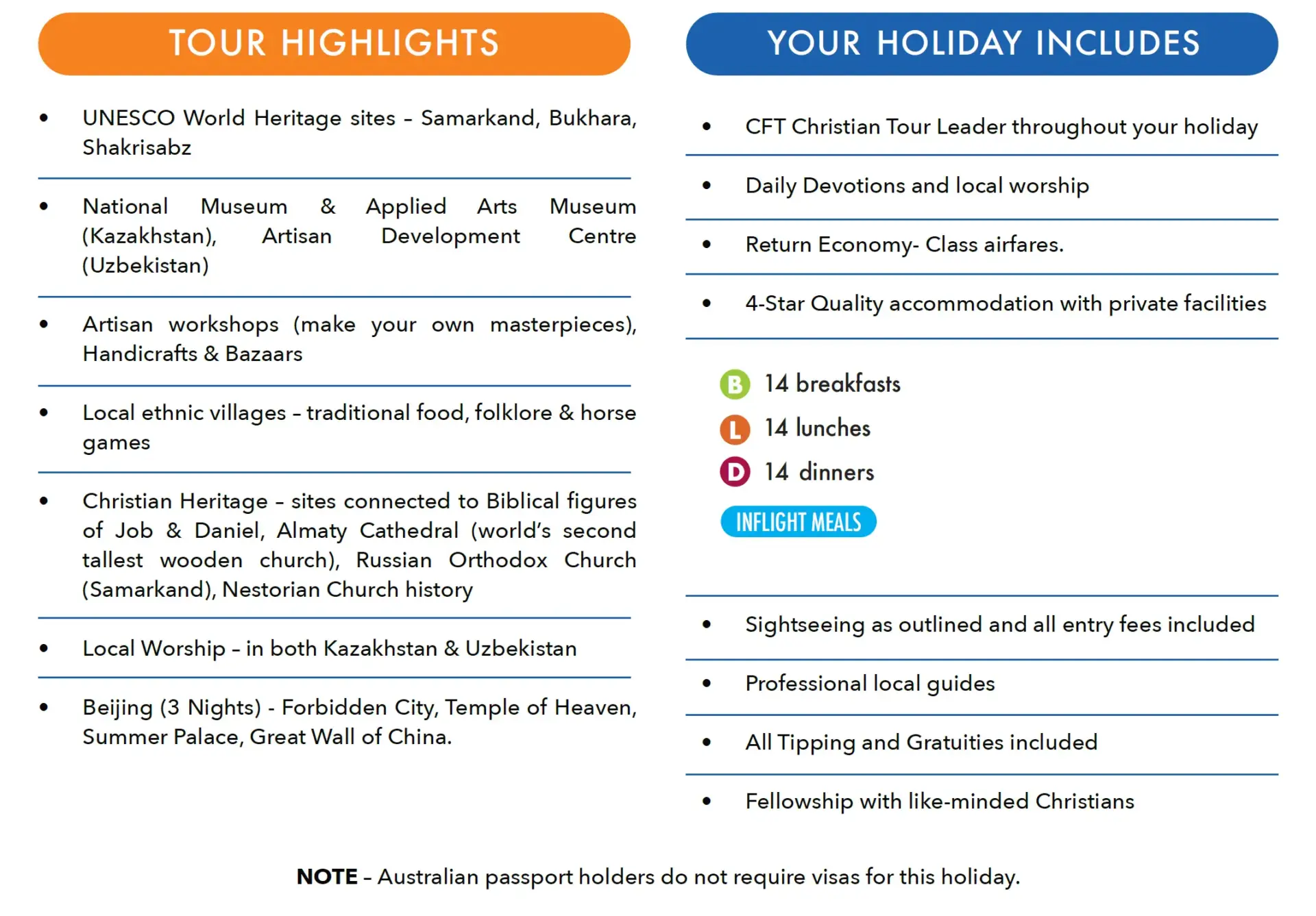 Central Asia Christian tour highlights and holiday inclusions