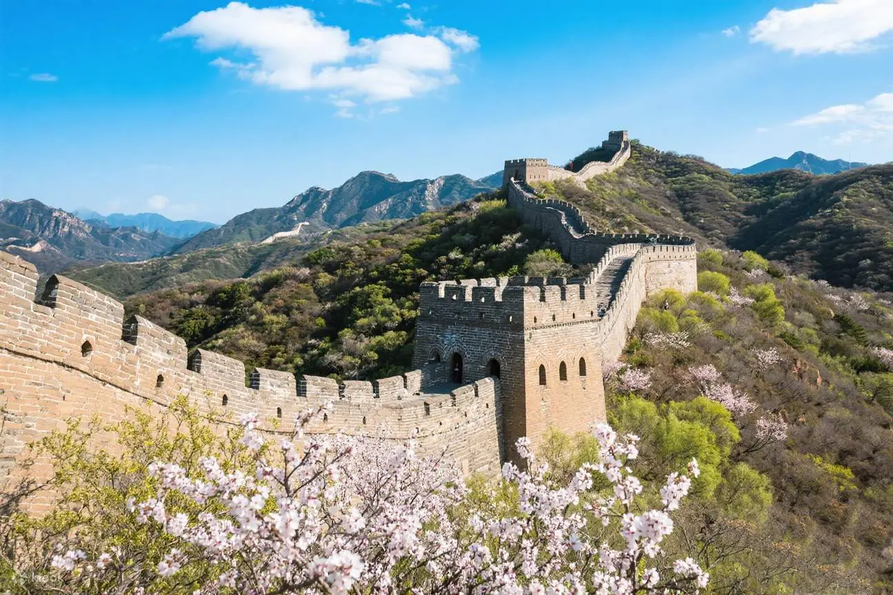 Great Wall of China winding through flowering mountains