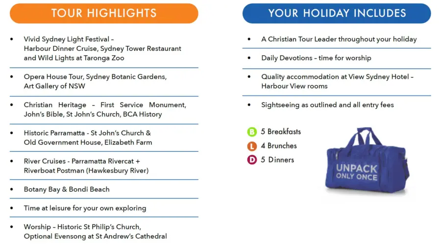 Sydney Christian tour highlights, inclusions and meal information
